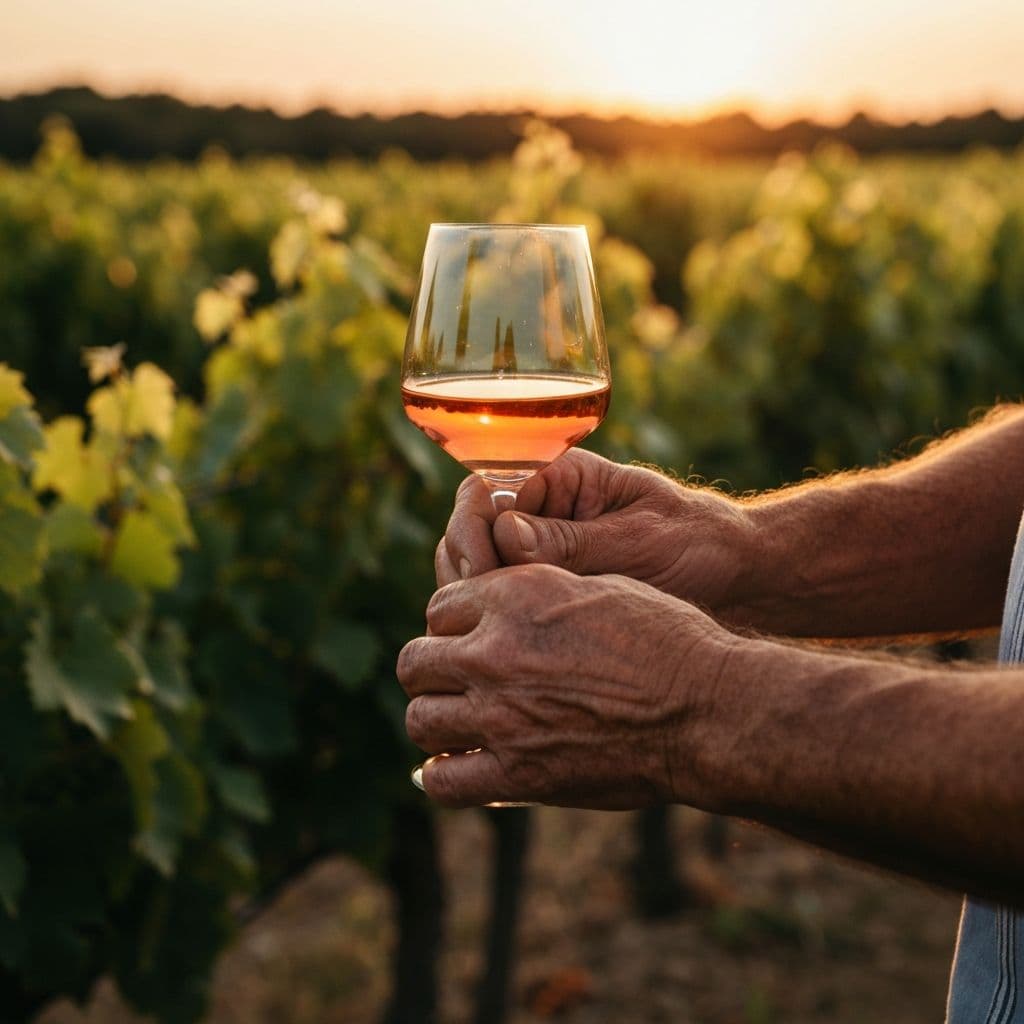 Mains de vigneron tenant un verre de vin rose